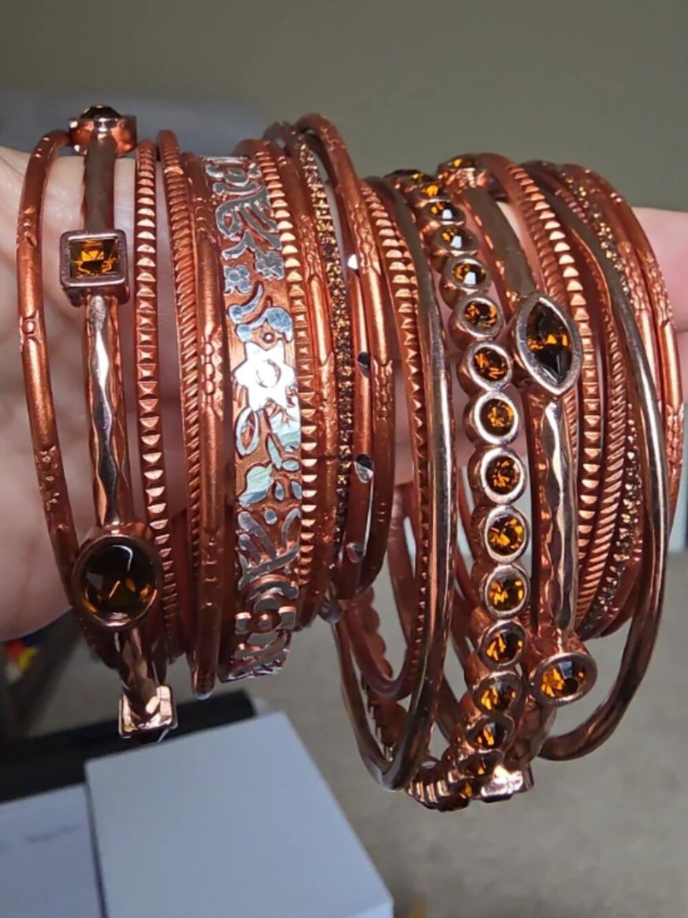 Lot 15+ Rose Gold Copper Bangle Bracelet Stack | Mixed Rhinestone Boho Arm Party